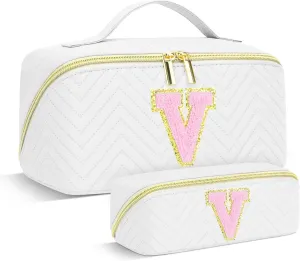 Personalized Initial Makeup Bag | Trendy Cosmetic Bags Travel Toiletry Bag for Teen Girls Women Girlfriend, mother's day/graduation/Birthday day Gifts Portable Make up Bag Leather Waterproof Organizer