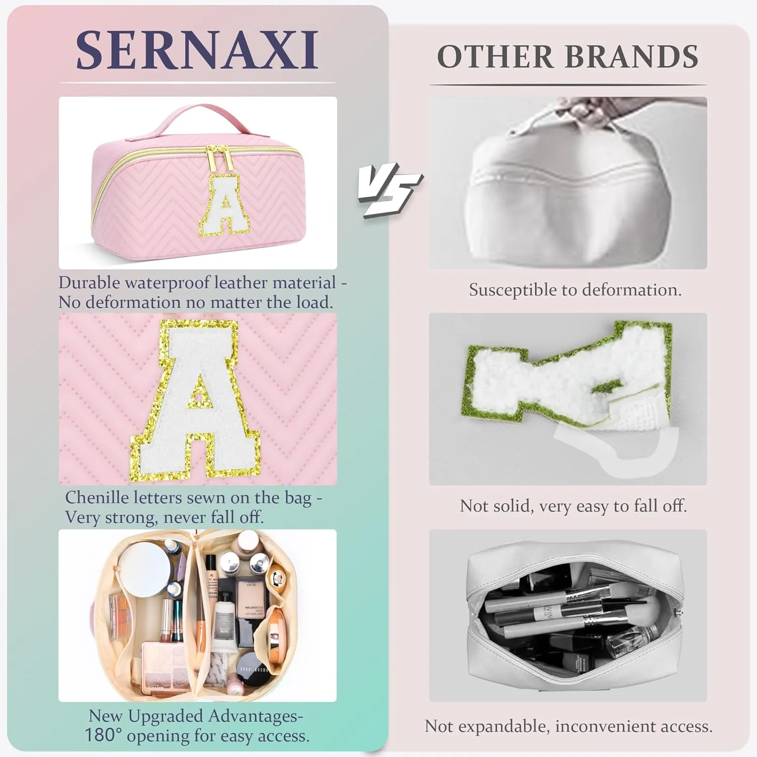 Personalized Initial pink Makeup Bag | Trendy Girls Make up bags, Large Capacity Cosmetic Bags Organizer for Women, Portable Leather Waterproof Open Flat Toiletry Bag for Teen friends teacher Gifts M