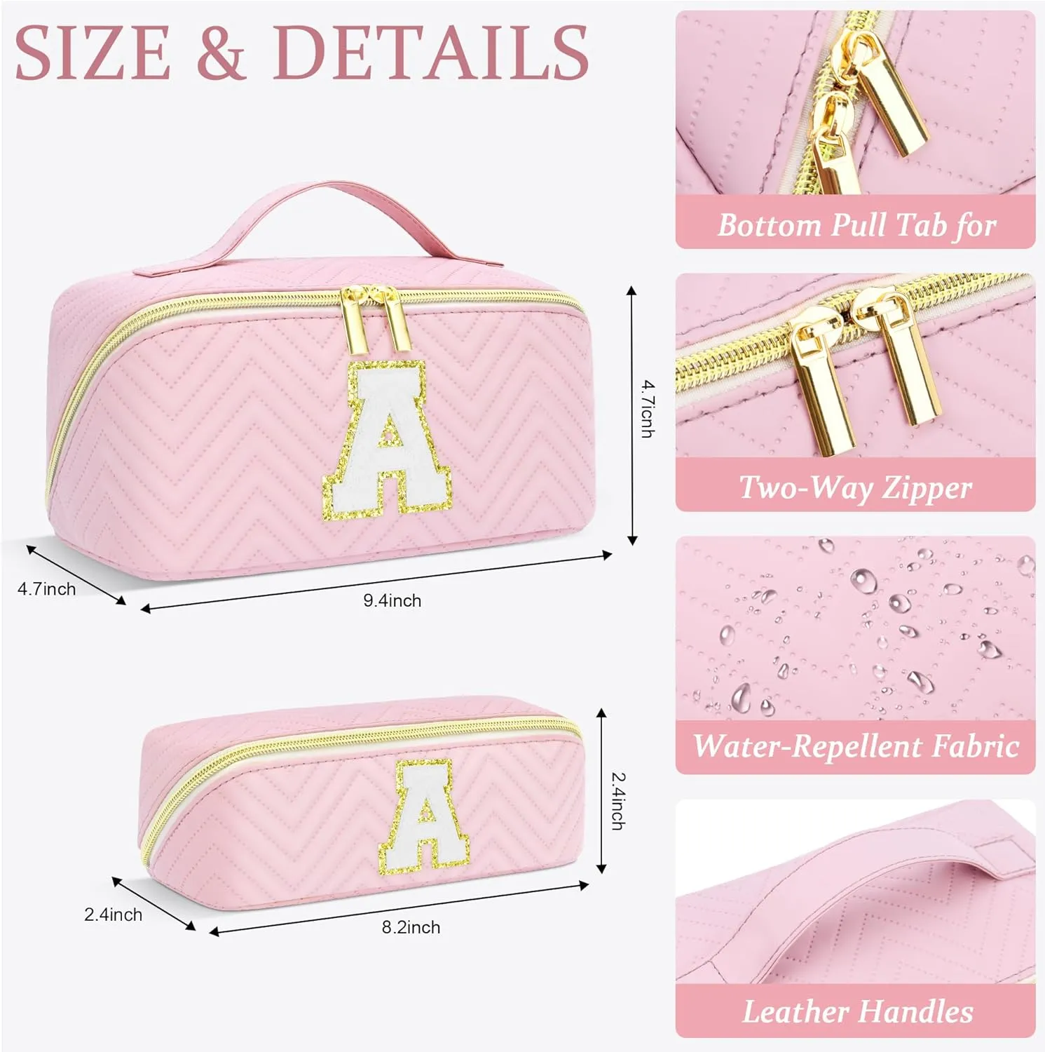 Personalized Initial pink Makeup Bag | Trendy Girls Make up bags, Large Capacity Cosmetic Bags Organizer for Women, Portable Leather Waterproof Open Flat Toiletry Bag for Teen friends teacher Gifts M
