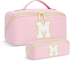 Personalized Initial pink Makeup Bag | Trendy Girls Make up bags, Large Capacity Cosmetic Bags Organizer for Women, Portable Leather Waterproof Open Flat Toiletry Bag for Teen friends teacher Gifts M