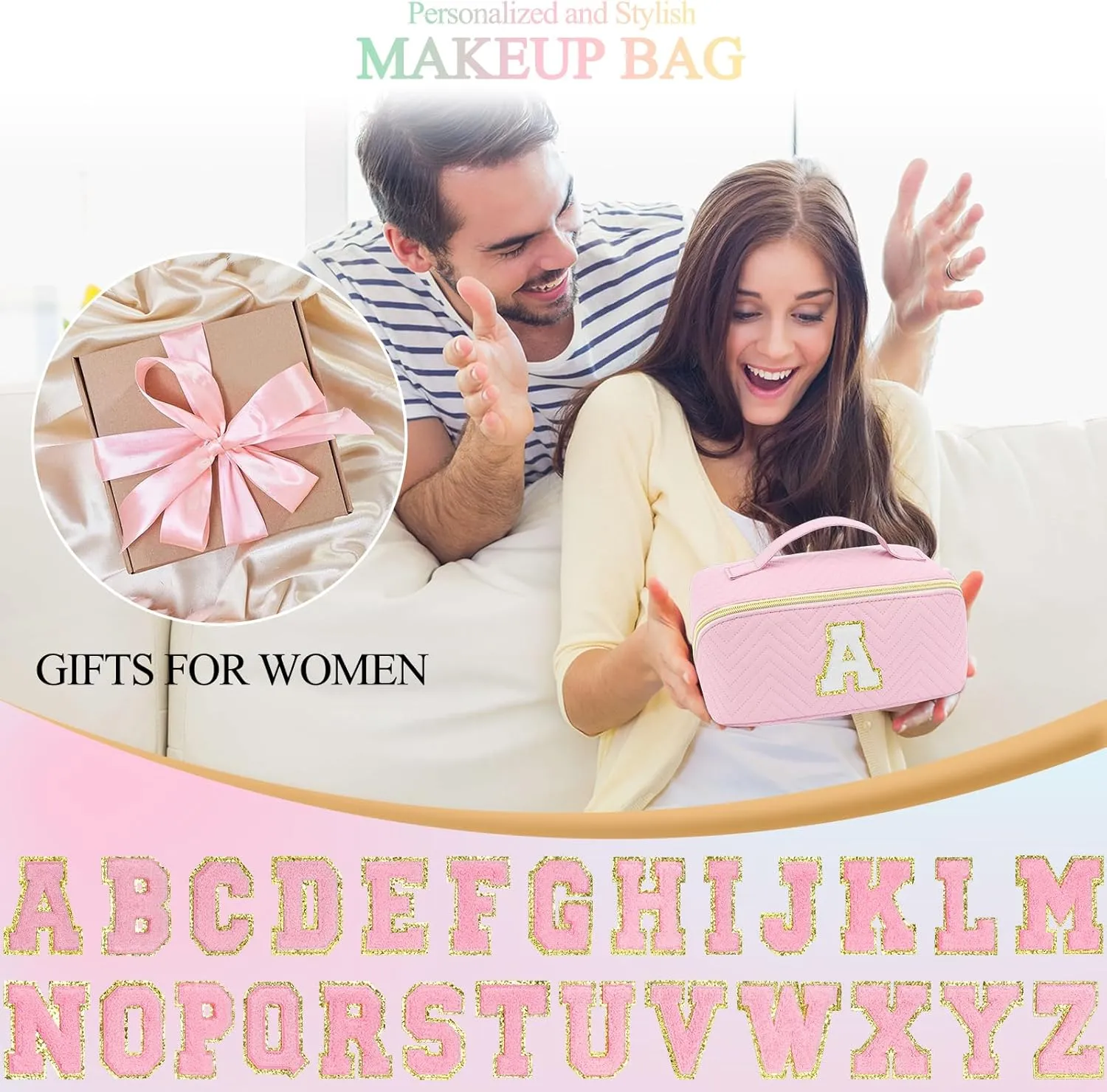 Personalized Initial pink Makeup Bag | Trendy Girls Make up bags, Large Capacity Cosmetic Bags Organizer for Women, Portable Leather Waterproof Open Flat Toiletry Bag for Teen friends teacher Gifts M