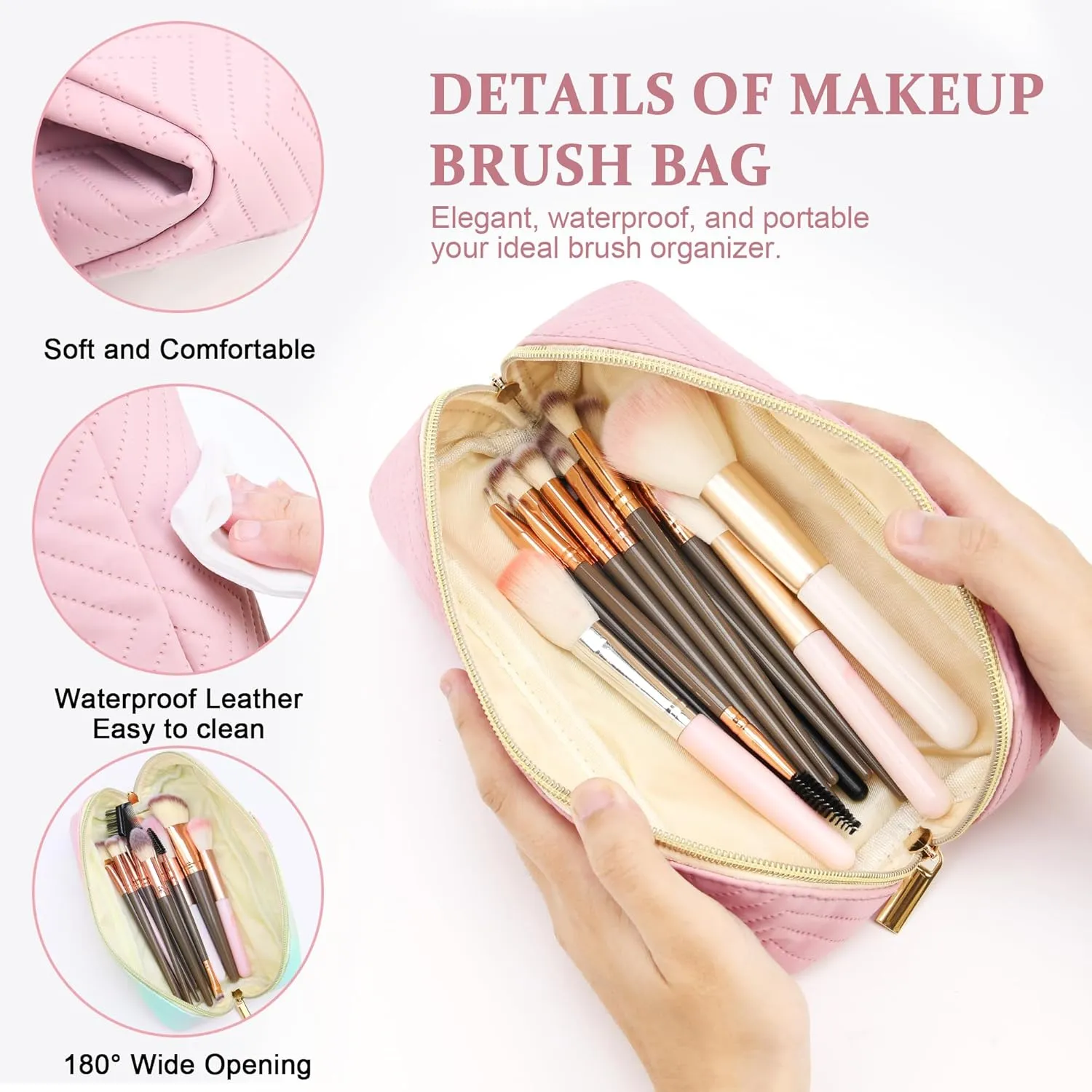 Personalized Initial pink Makeup Bag | Trendy Girls Make up bags, Large Capacity Cosmetic Bags Organizer for Women, Portable Leather Waterproof Open Flat Toiletry Bag for Teen friends teacher Gifts M