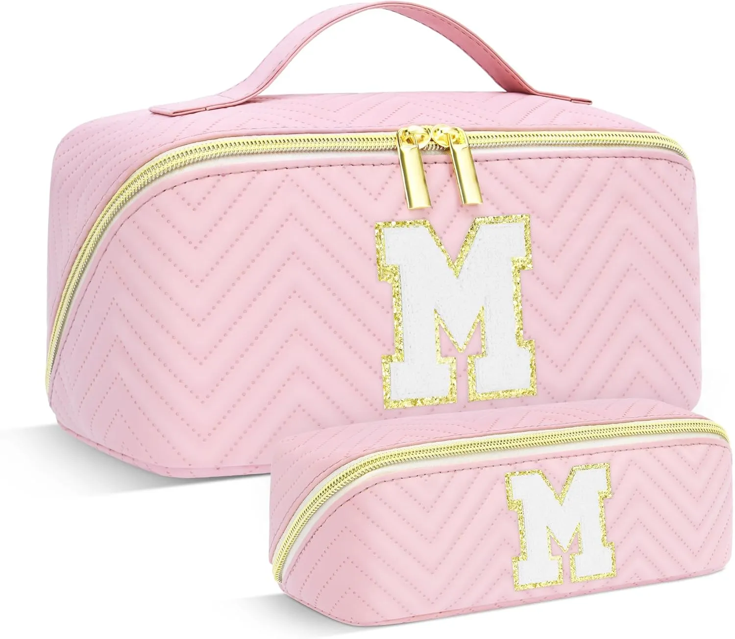 Personalized Initial pink Makeup Bag | Trendy Girls Make up bags, Large Capacity Cosmetic Bags Organizer for Women, Portable Leather Waterproof Open Flat Toiletry Bag for Teen friends teacher Gifts M