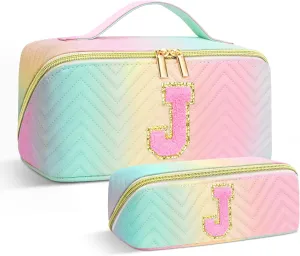 Personalized Initial Travel Makeup Bag | Trendy Girls Make up bags, Large Capacity Colorful Cosmetic Bag Organizer for Women, Leather Waterproof Open Flat Toiletry Bags for Teen friends Gifts - J