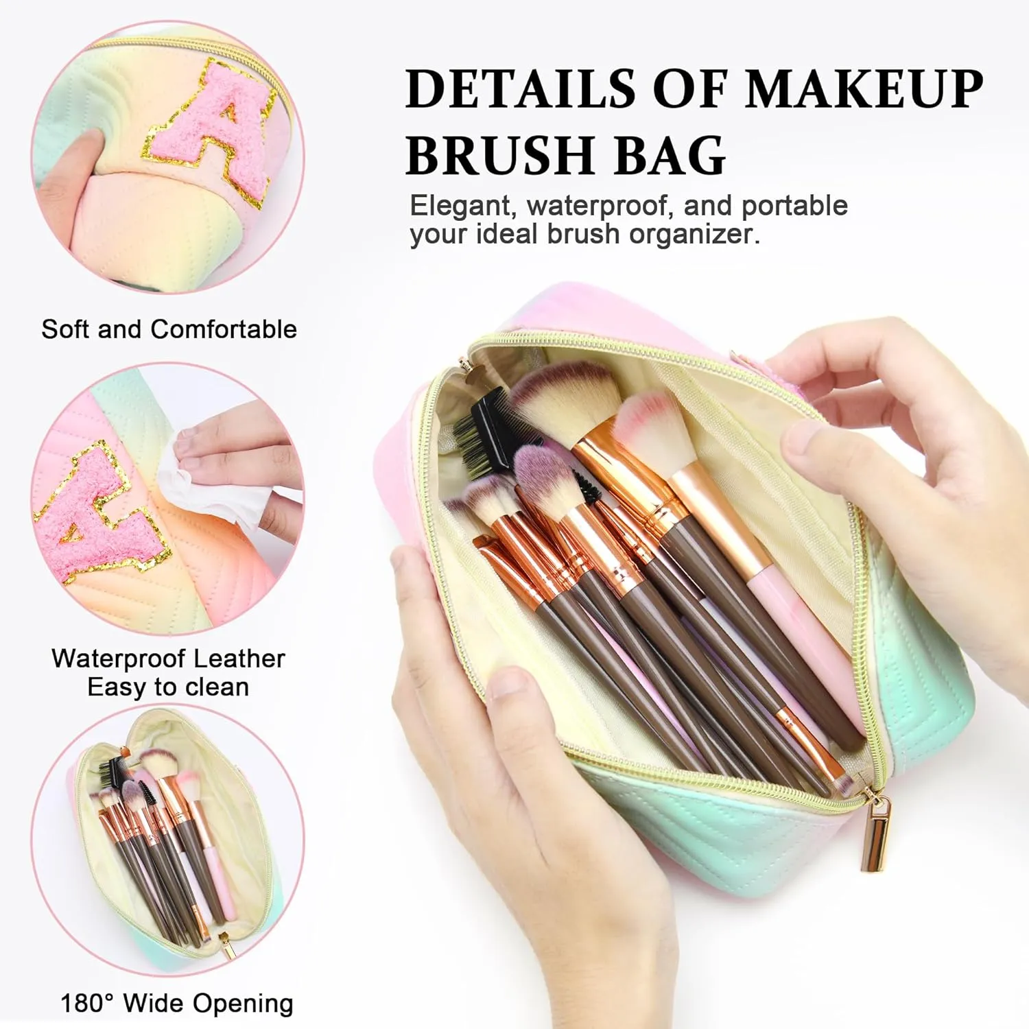 Personalized Initial Travel Makeup Bag | Trendy Girls Make up bags, Large Capacity Colorful Cosmetic Bag Organizer for Women, Leather Waterproof Open Flat Toiletry Bags for Teen friends Gifts - J
