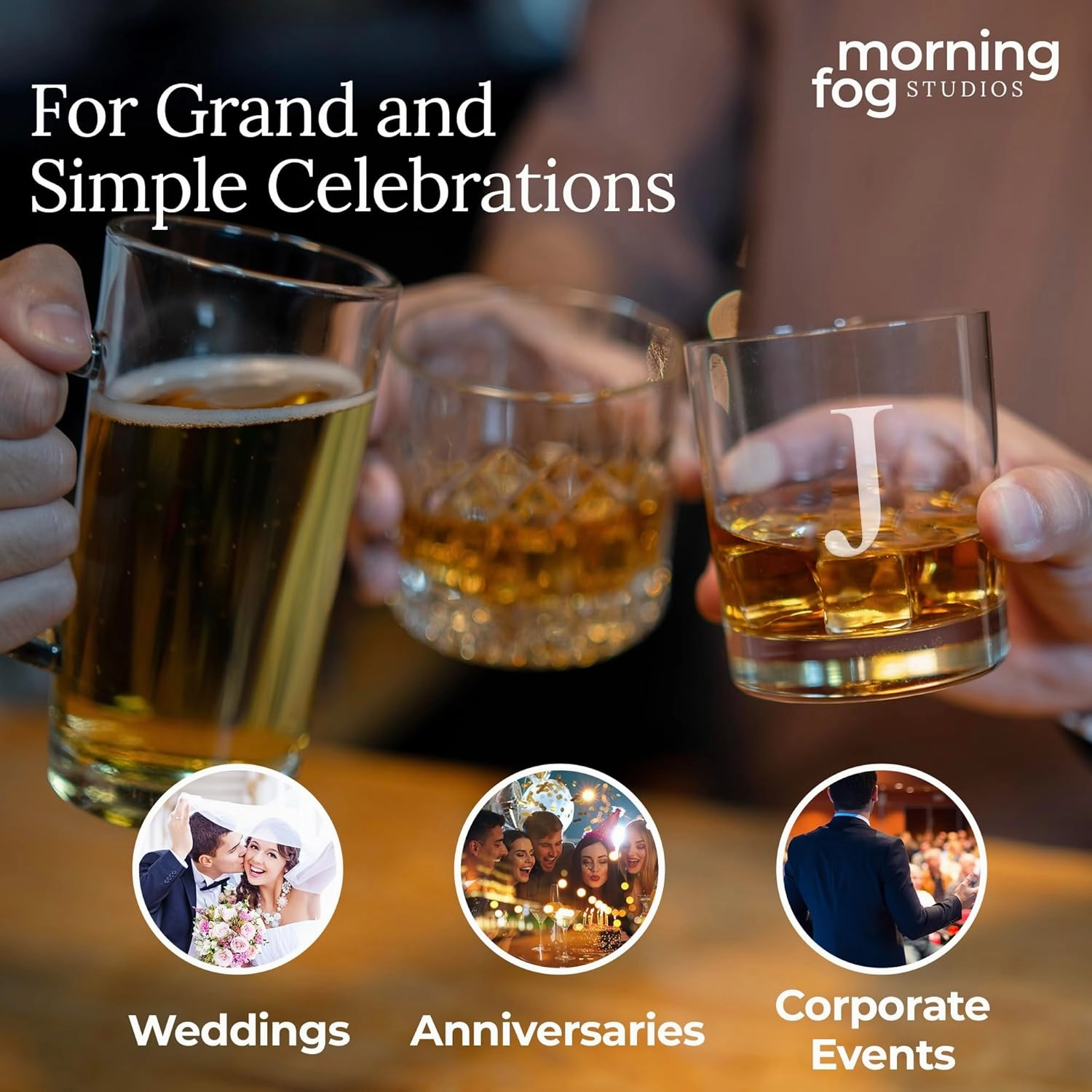 Personalized Whiskey Glasses Set of 2, Engraved Monogram Old Fashioned Bourbon Glassware, 12.5 oz, Ideal for Men, Gifts, Birthday, Anniversary, Christmas, Groomsmen, (J)