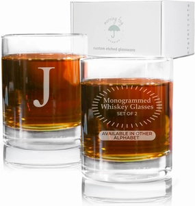 Personalized Whiskey Glasses Set of 2, Engraved Monogram Old Fashioned Bourbon Glassware, 12.5 oz, Ideal for Men, Gifts, Birthday, Anniversary, Christmas, Groomsmen, (J)