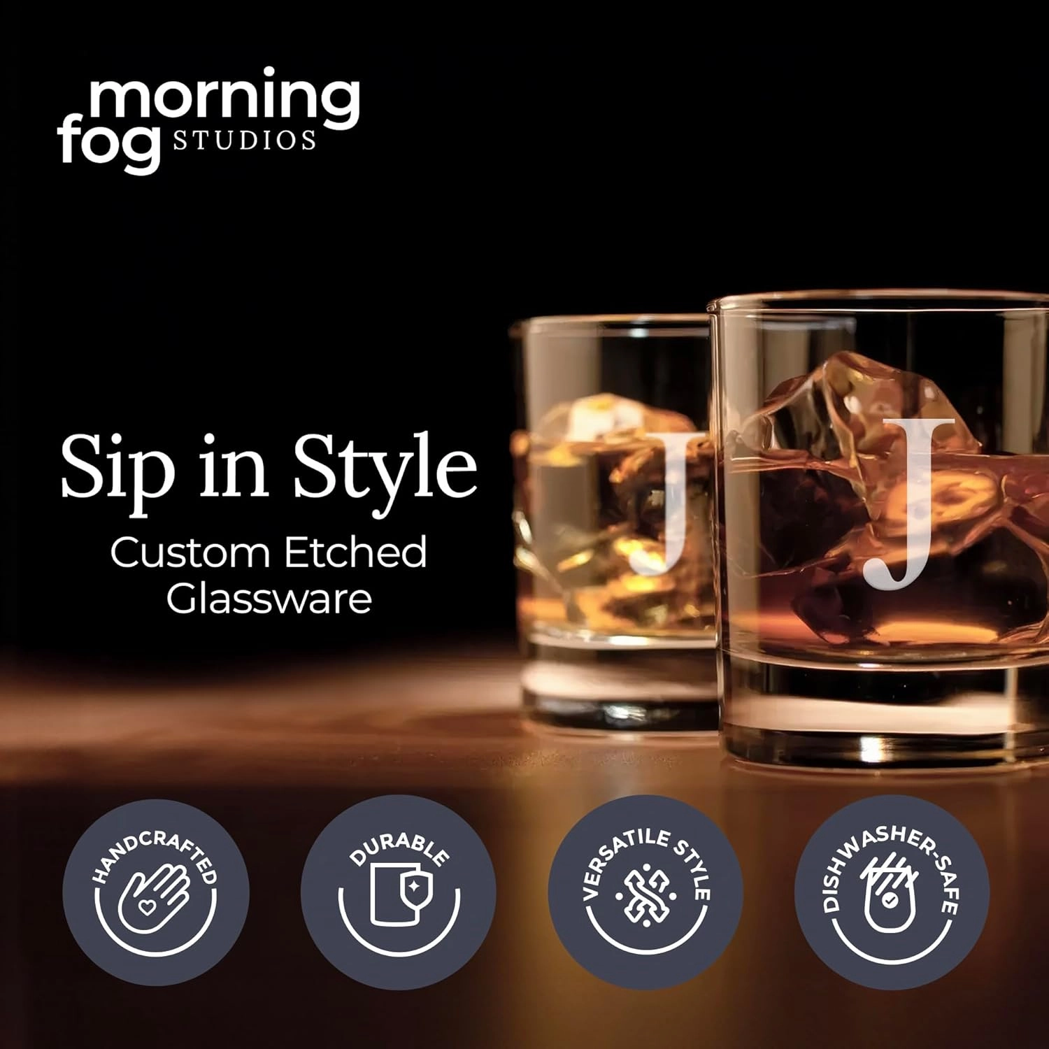 Personalized Whiskey Glasses Set of 2, Engraved Monogram Old Fashioned Bourbon Glassware, 12.5 oz, Ideal for Men, Gifts, Birthday, Anniversary, Christmas, Groomsmen, (J)