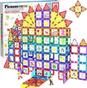 PicassoTiles 121 pc Master Builder Magnetic Building Block Construction Set Magnet Tiles Blocks with Car Truck, 2 Character Action Figures, 28 Educational Alphabet Animal and Number Graphics, Windmill