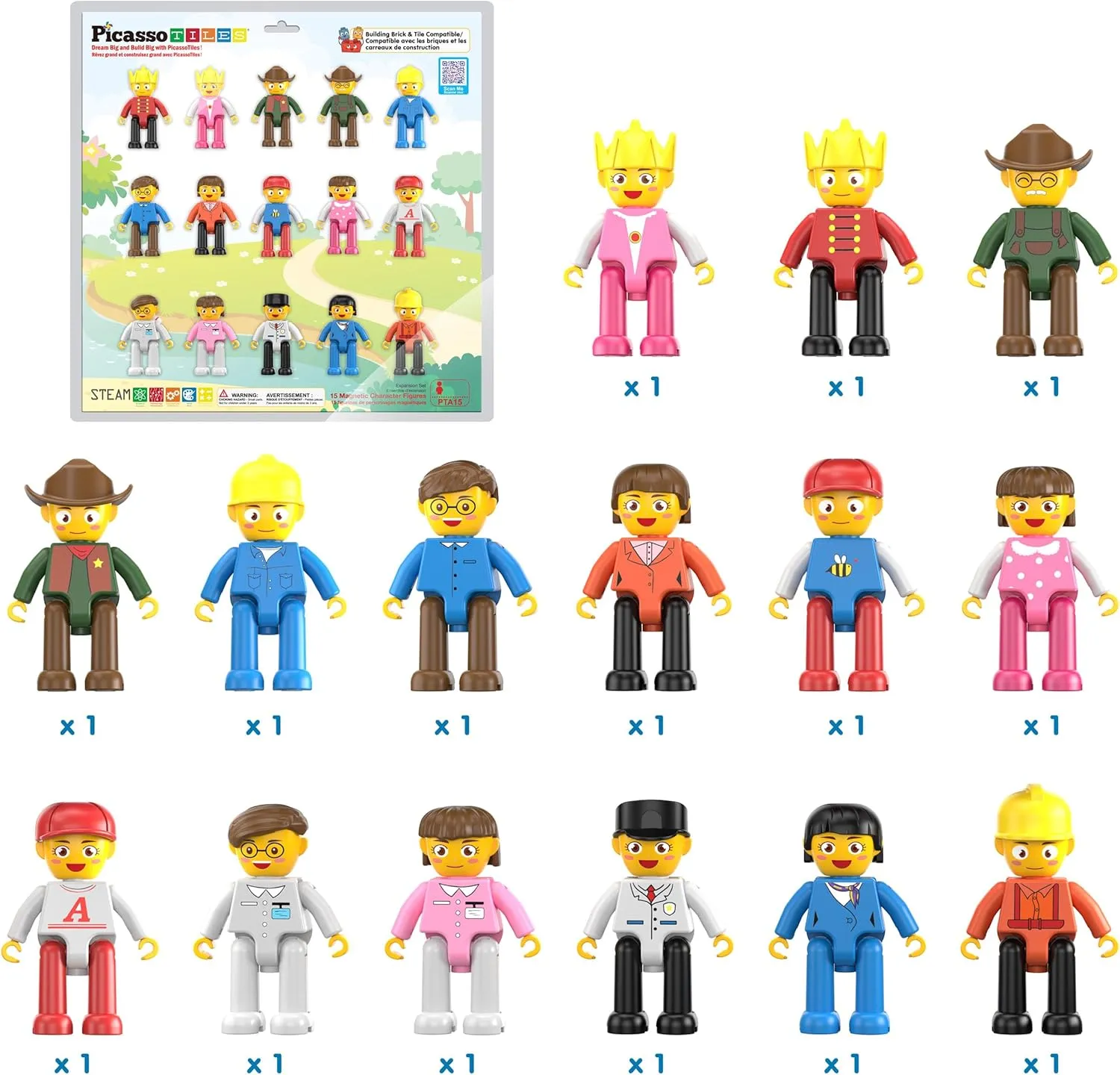 PicassoTiles 15-Piece Magnetic Character Action Figures Add-on Set for Construction Building Block Tiles