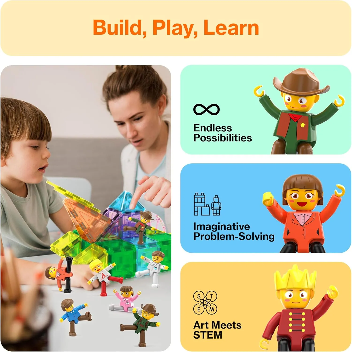 PicassoTiles 15-Piece Magnetic Character Action Figures Add-on Set for Construction Building Block Tiles