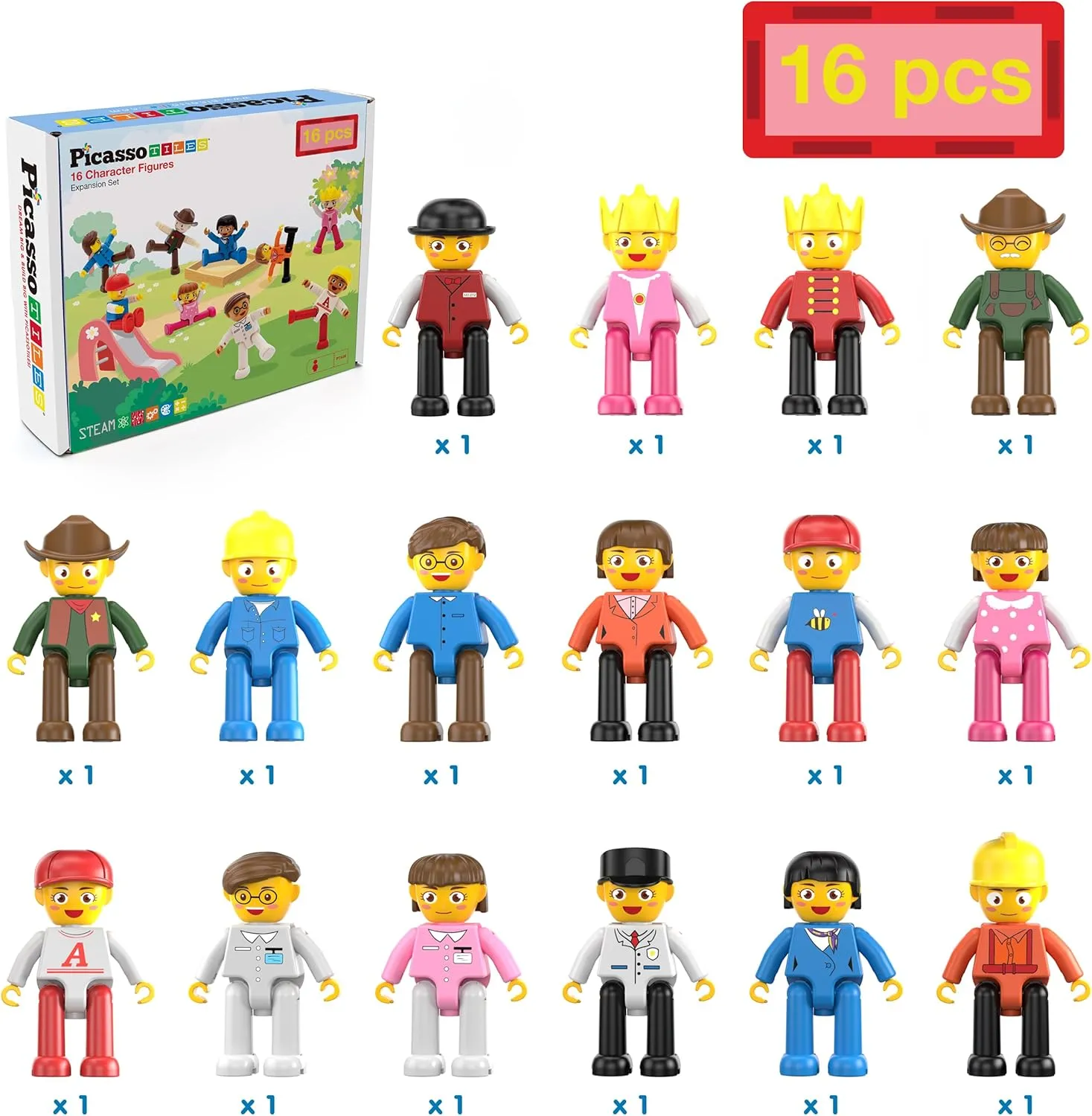 PicassoTiles 16 Piece Character Action Figures Toddler Toy Set Expansion Pack Magnetic Construction Blocks STEM Pretend Play Toys Building Tiles PTA08