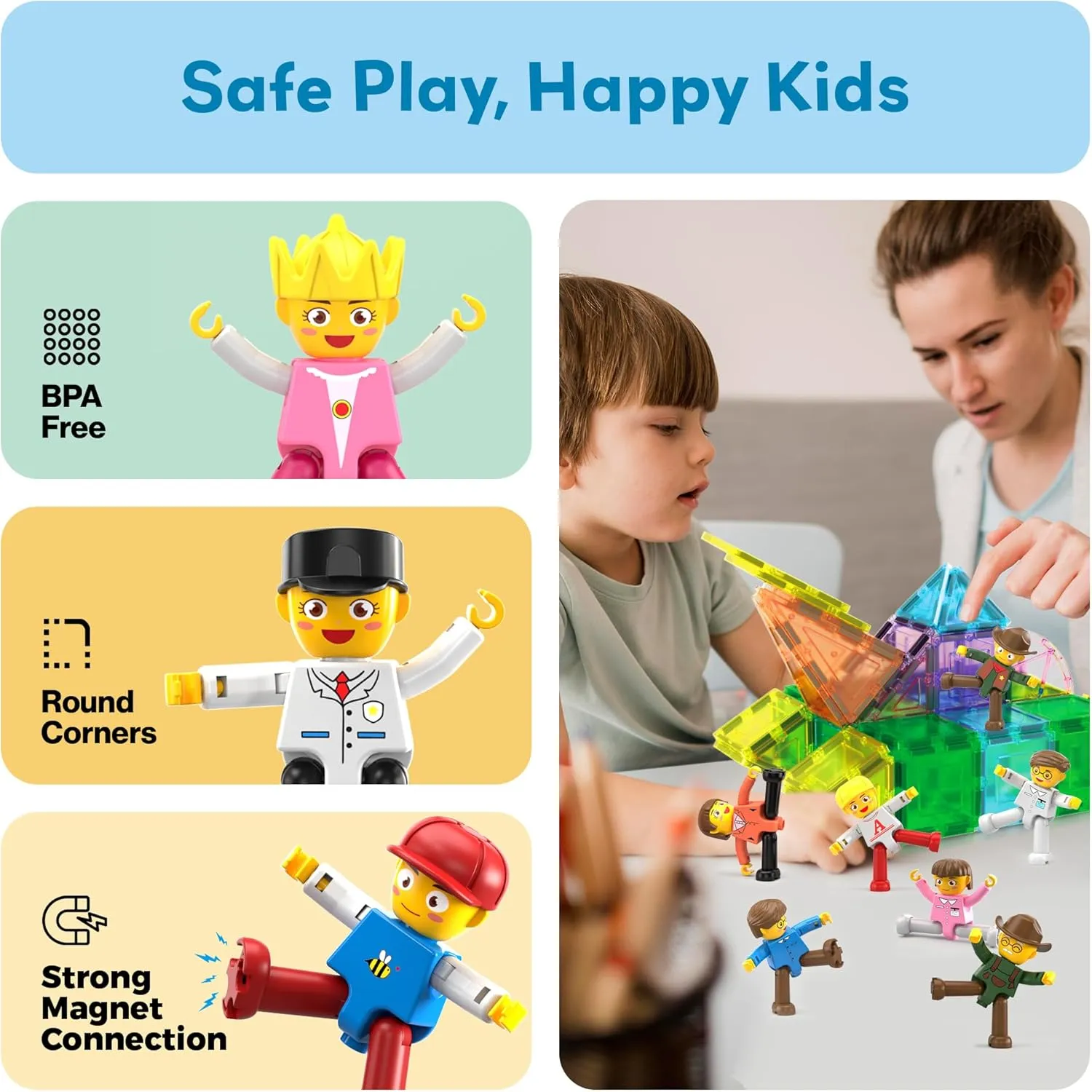 PicassoTiles 16 Piece Character Action Figures Toddler Toy Set Expansion Pack Magnetic Construction Blocks STEM Pretend Play Toys Building Tiles PTA08
