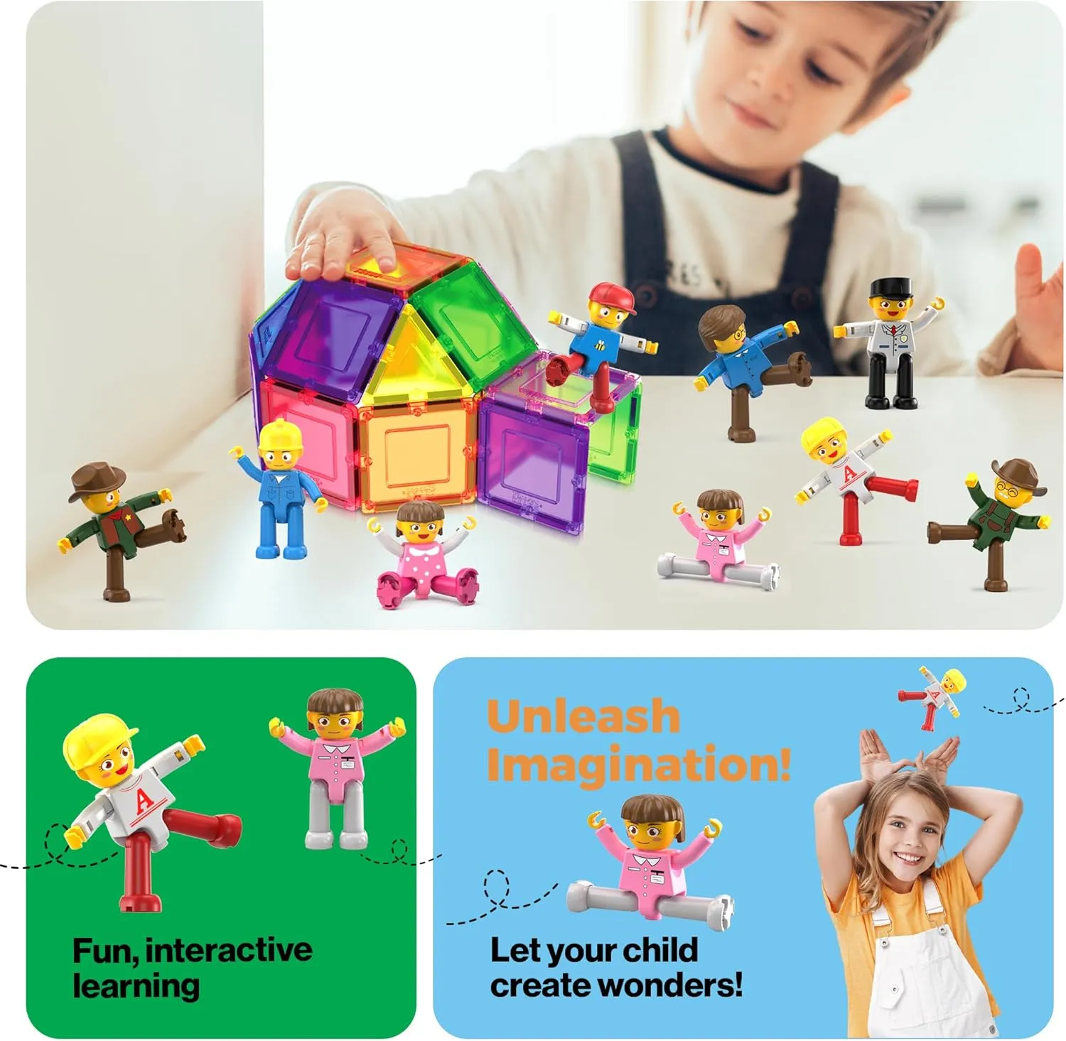PicassoTiles 16 Piece Character Action Figures Toddler Toy Set Expansion Pack Magnetic Construction Blocks STEM Pretend Play Toys Building Tiles PTA08