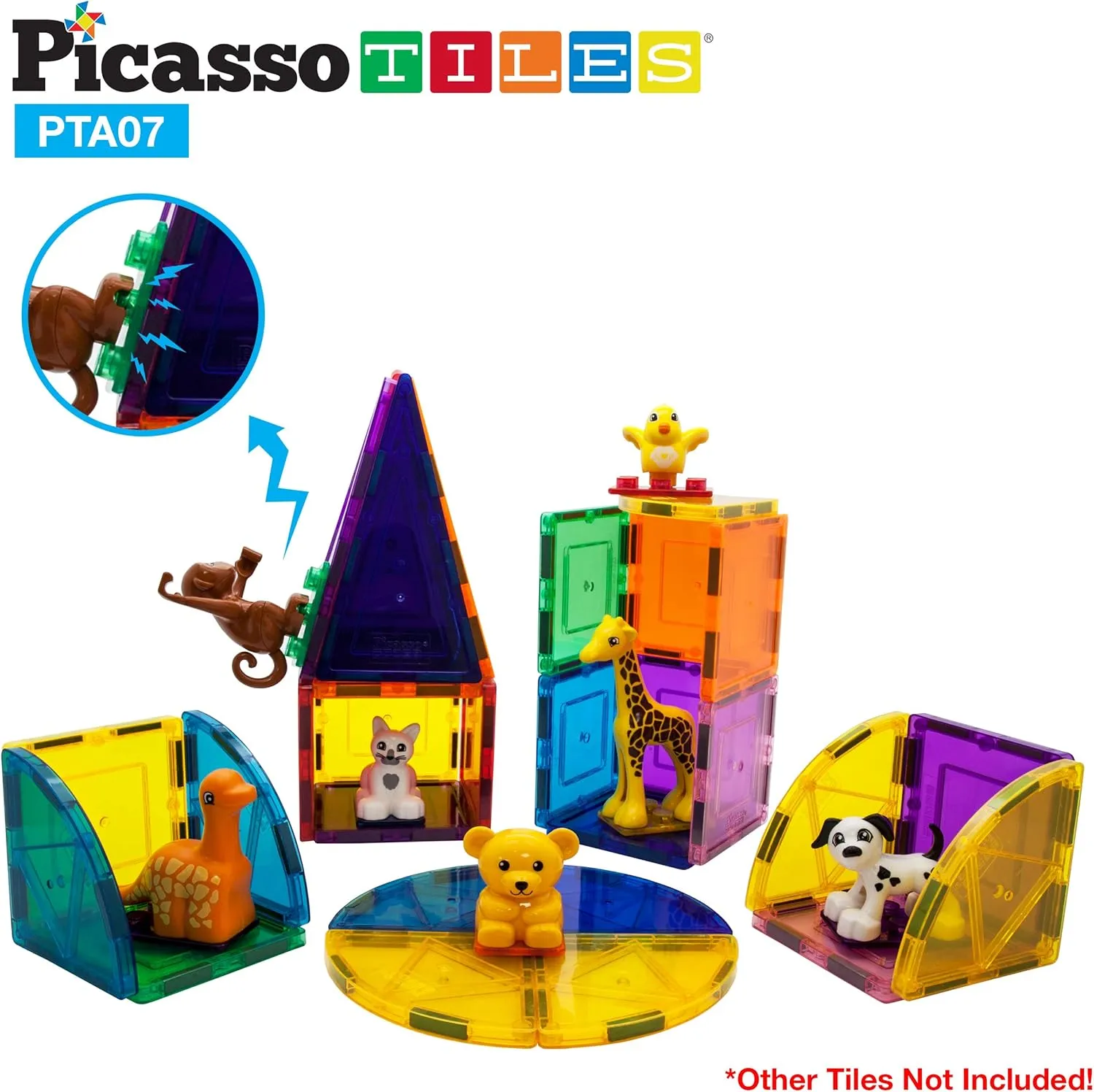 PicassoTiles 7pc Magnetic Animal Action Figure Set for Magnet Building Block Educational STEM Learning Kit Construction Toy Pretend Playset Child Brain Development HandEye Coordination Training PTA07