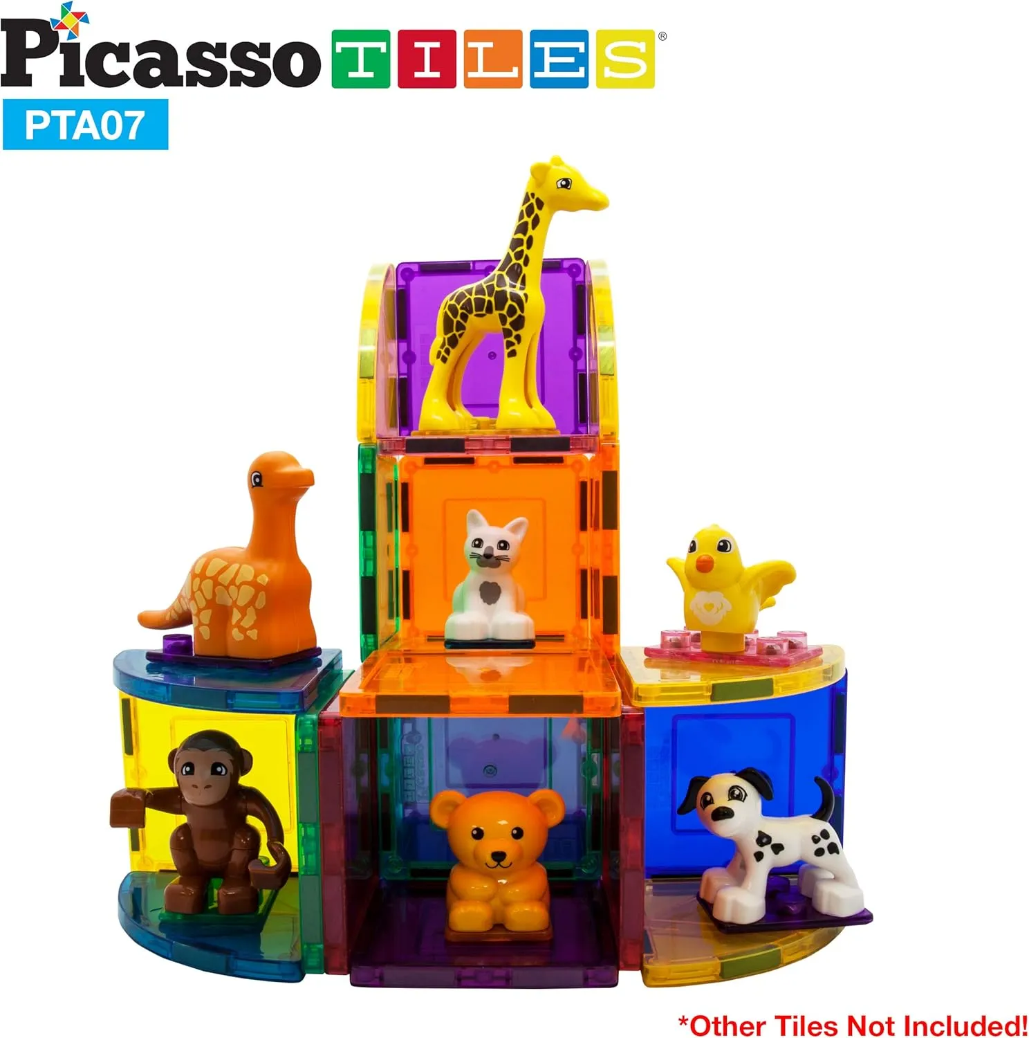 PicassoTiles 7pc Magnetic Animal Action Figure Set for Magnet Building Block Educational STEM Learning Kit Construction Toy Pretend Playset Child Brain Development HandEye Coordination Training PTA07