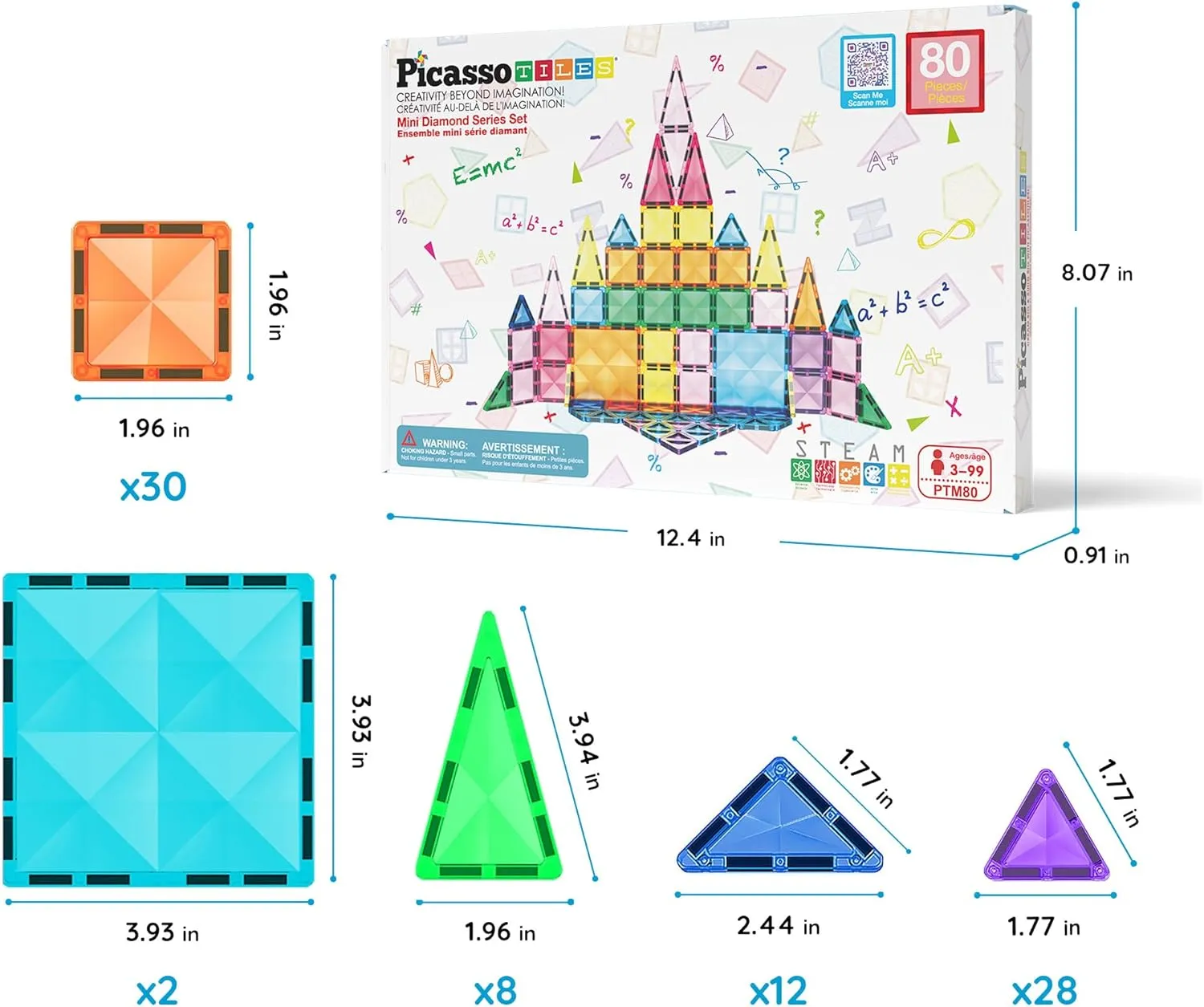PicassoTiles 80 Piece Mini Size Magnetic Tiles Sensory Magnet Toys Diamond Series Construction Building Blocks Set STEM Learning Travel Size Educational Toy for Kids Boys Girls Toddlers Age 3  PTM80