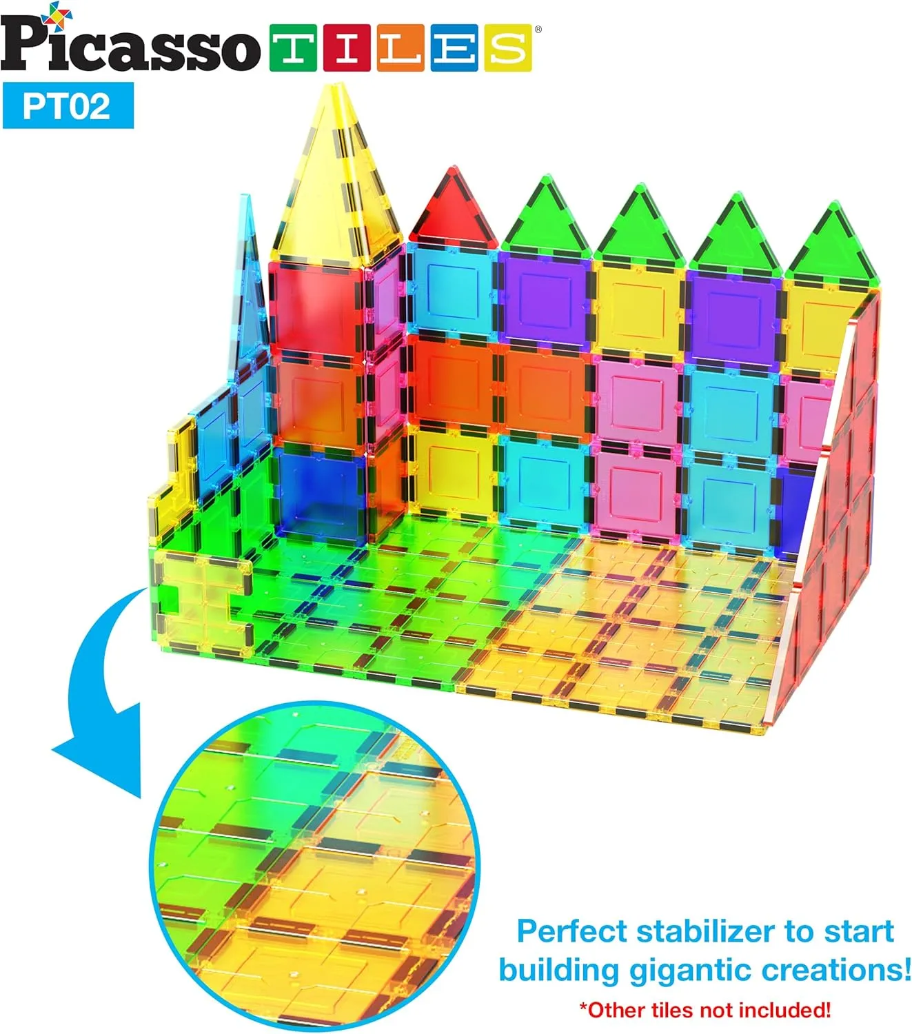 PicassoTiles Kids Toy Magnetic Building Blocks Magnet Tiles Supersized 2pc Large Stabilizer Base Jumbo XL Plate Foundation Education Construction Kit Engineering STEM Children Learning Stacking Set