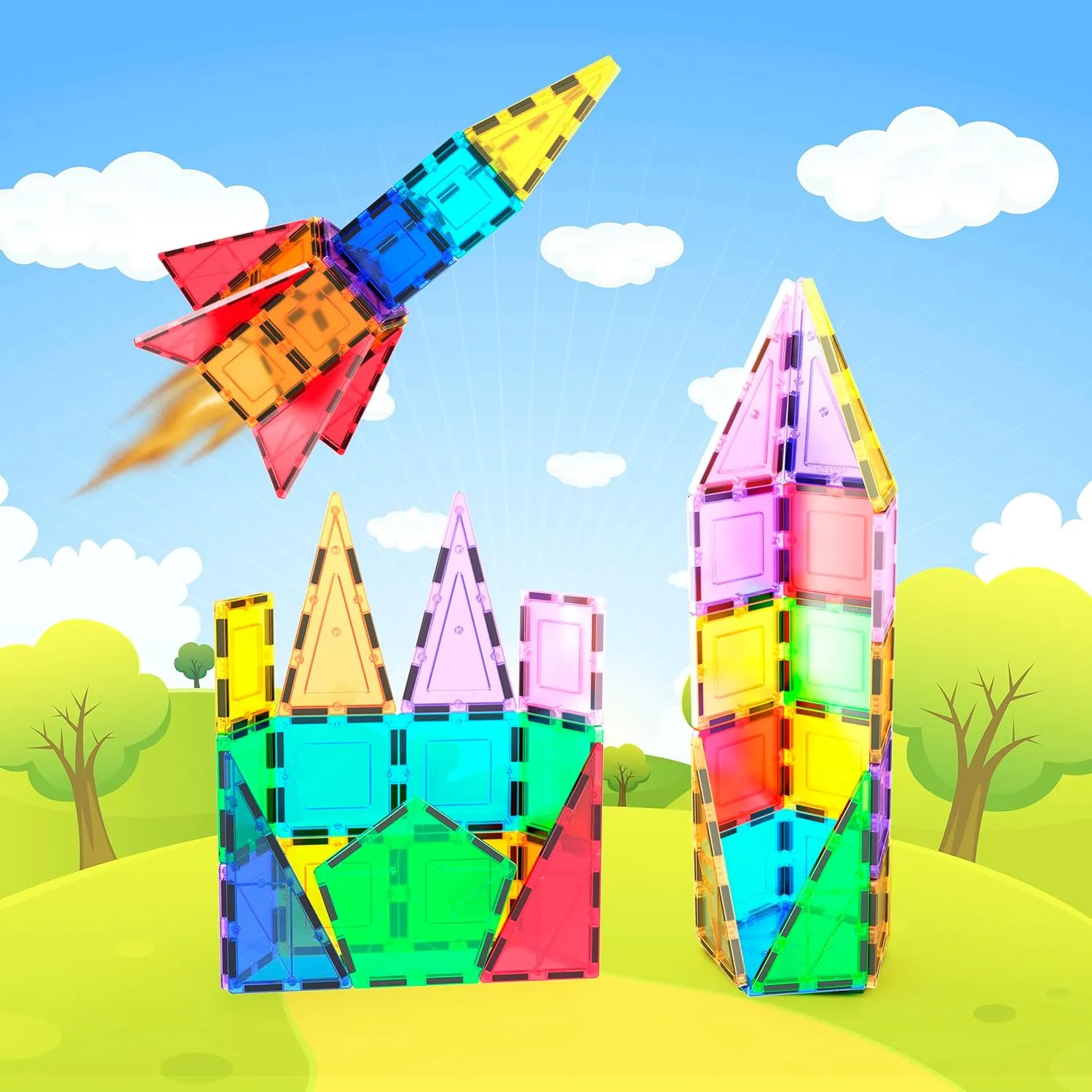 PicassoTiles Magnetic Building Block Rocket Booster Theme Set Magnet Construction Toy Educational Kit Engineering STEM Learning Playset Child Brain Development Stacking Blocks Playboard PT32