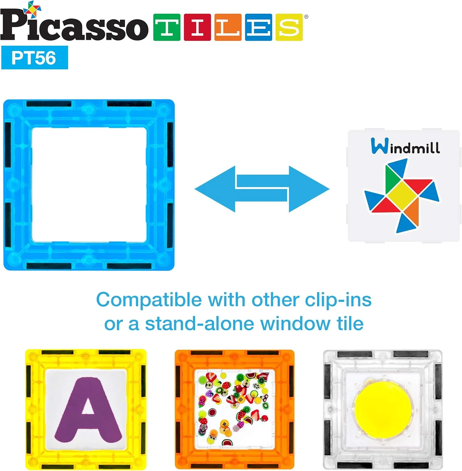 PicassoTiles Magnetic Building Blocks with Tiles and Educational Artwork Graphic Click-in Inserts Magnet Construction Toy Set STEM Learning Kit Playset Child Brain Development PT56