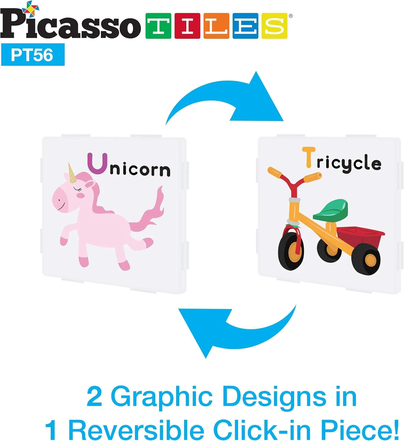 PicassoTiles Magnetic Building Blocks with Tiles and Educational Artwork Graphic Click-in Inserts Magnet Construction Toy Set STEM Learning Kit Playset Child Brain Development PT56