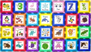 PicassoTiles Magnetic Building Blocks with Tiles and Educational Artwork Graphic Click-in Inserts Magnet Construction Toy Set STEM Learning Kit Playset Child Brain Development PT56