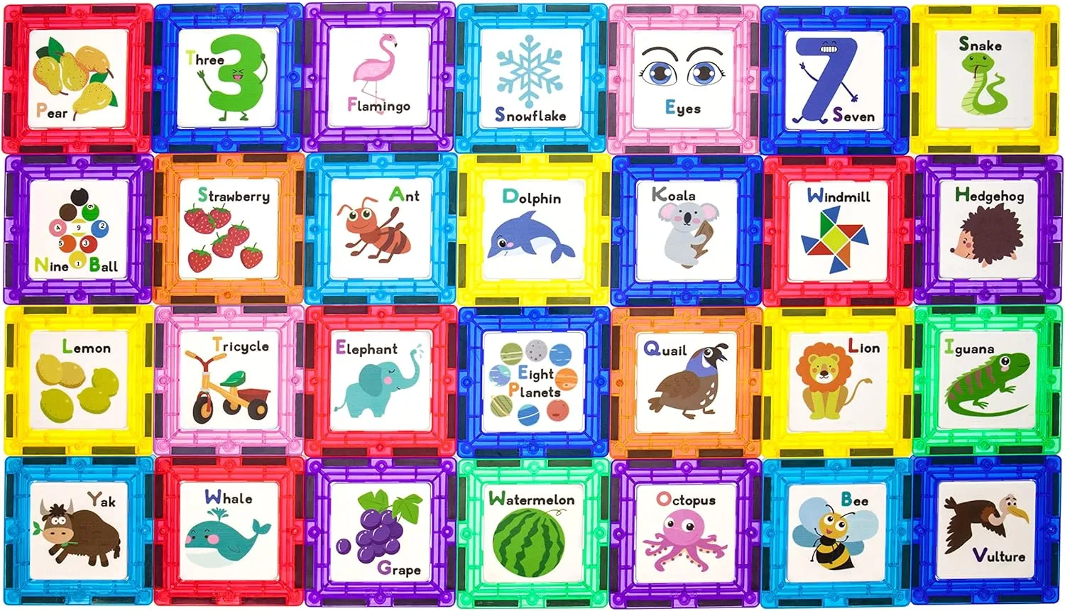 PicassoTiles Magnetic Building Blocks with Tiles and Educational Artwork Graphic Click-in Inserts Magnet Construction Toy Set STEM Learning Kit Playset Child Brain Development PT56