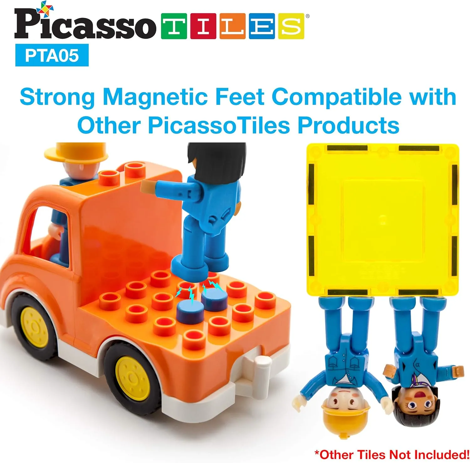 PicassoTiles Magnetic Figures 5 Piece Vehicle and Action Figure Set Including School Bus, Car, Truck and 2 Drivers Magnet Expansion Pack Toddler Toy Kit Pretend Playset for Construction Building Block