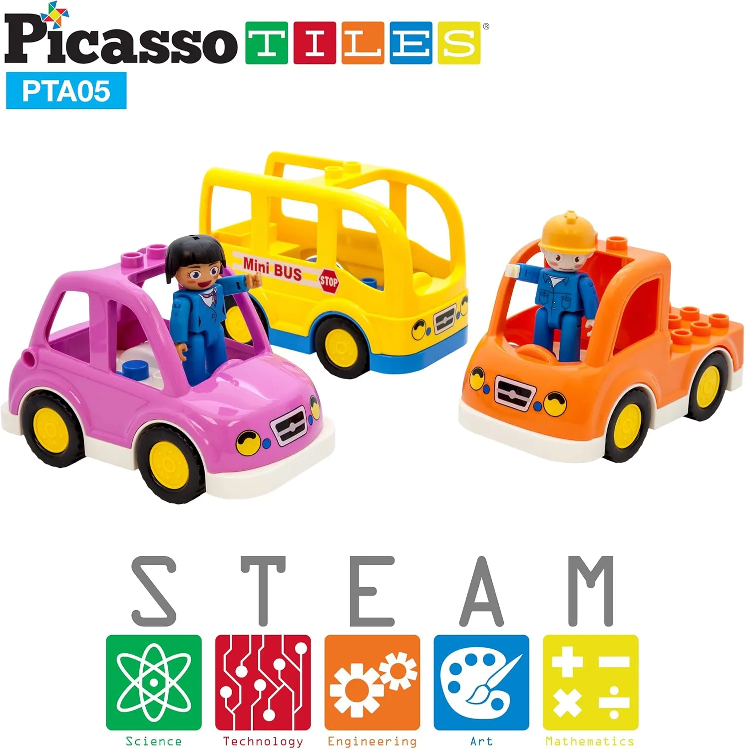 PicassoTiles Magnetic Figures 5 Piece Vehicle and Action Figure Set Including School Bus, Car, Truck and 2 Drivers Magnet Expansion Pack Toddler Toy Kit Pretend Playset for Construction Building Block