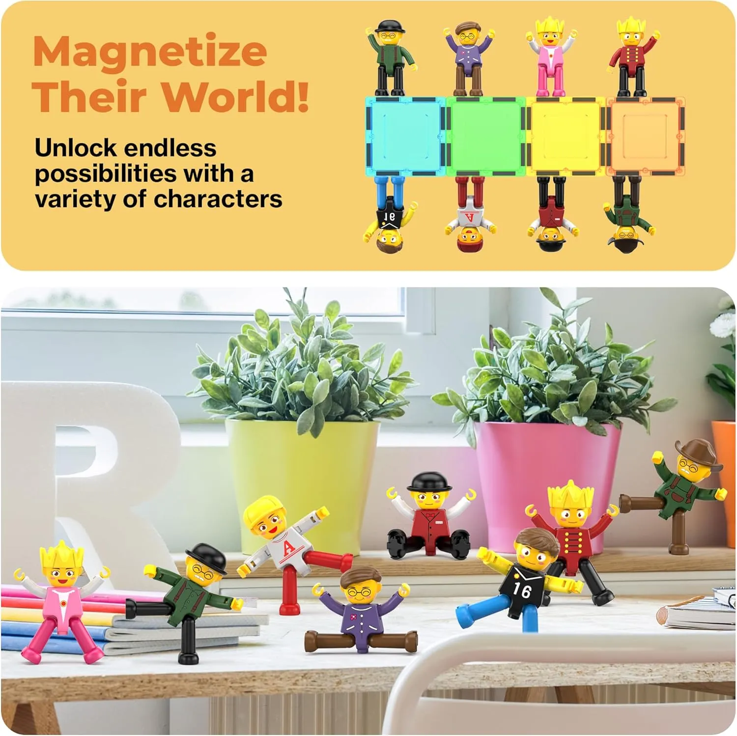 PicassoTiles Magnetic Figures 8 Piece Character Action Figure Toddler Toy Set Magnet Expansion Variety Pack Play People Add-ons STEM Learning Kit Pretend Playset for Construction Building Block PTA03