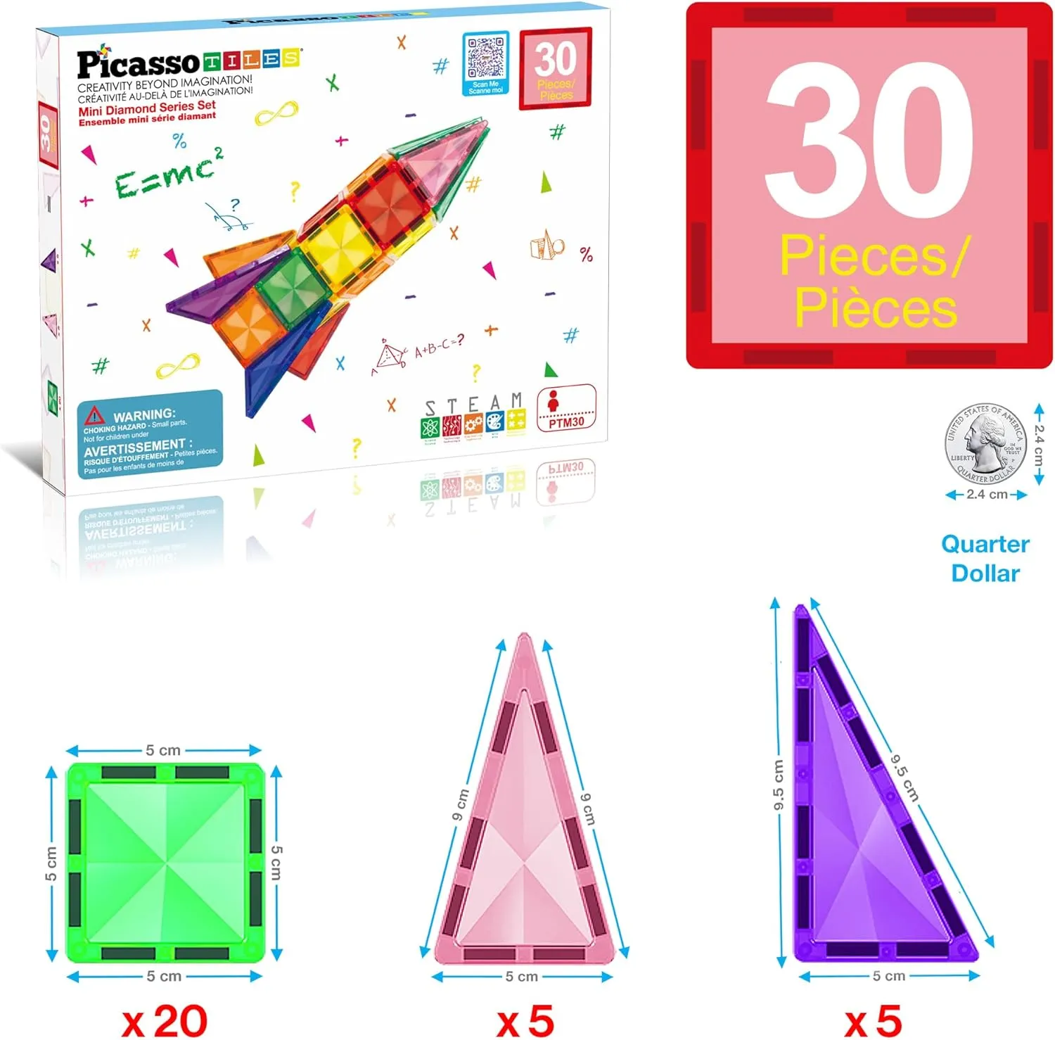 PicassoTiles Mini Size Magnetic Tiles Sensory Magnet Toys Diamond Series Construction Building Blocks Set STEM Learning Travel Size Educational Toy for Kids Boys Girls Toddlers Age 3  PTM30