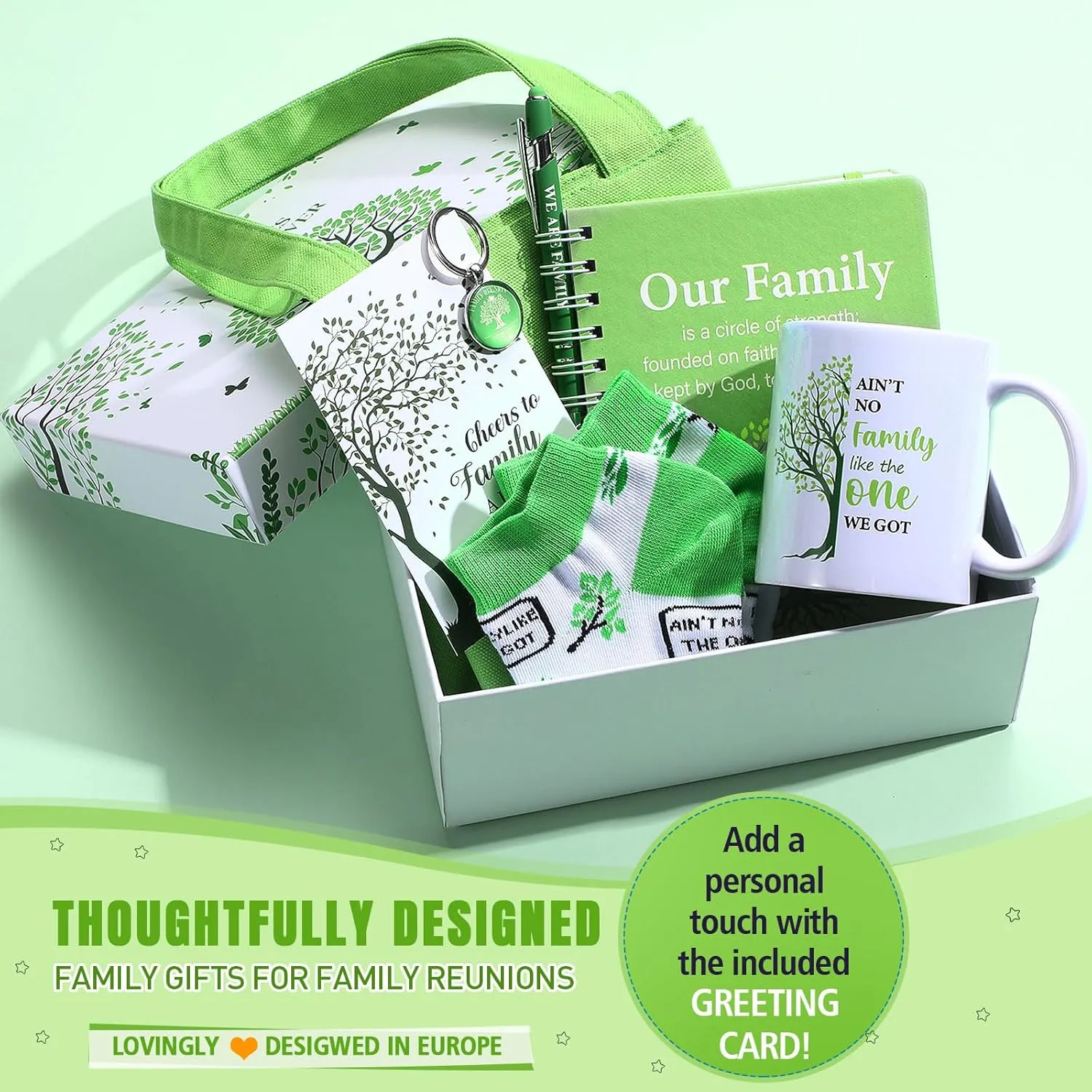 Pickmesh 8 Pcs Family Reunion Gift Box Including Family Reunion Theme Spiral Notebook Tree Canvas Tote Bag 12 oz Mug Keychain Socks Pen Card for Gathering Party Supplies