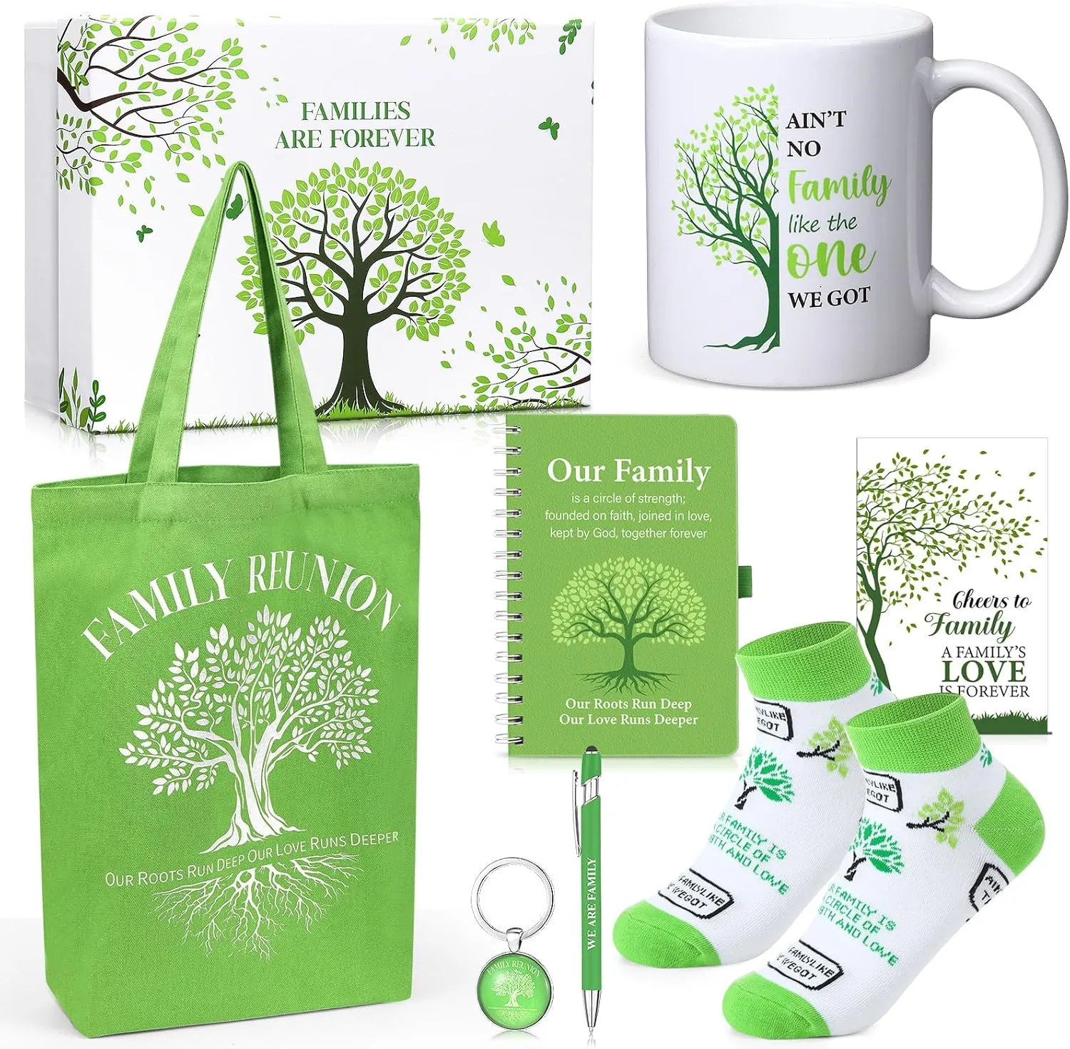 Pickmesh 8 Pcs Family Reunion Gift Box Including Family Reunion Theme Spiral Notebook Tree Canvas Tote Bag 12 oz Mug Keychain Socks Pen Card for Gathering Party Supplies