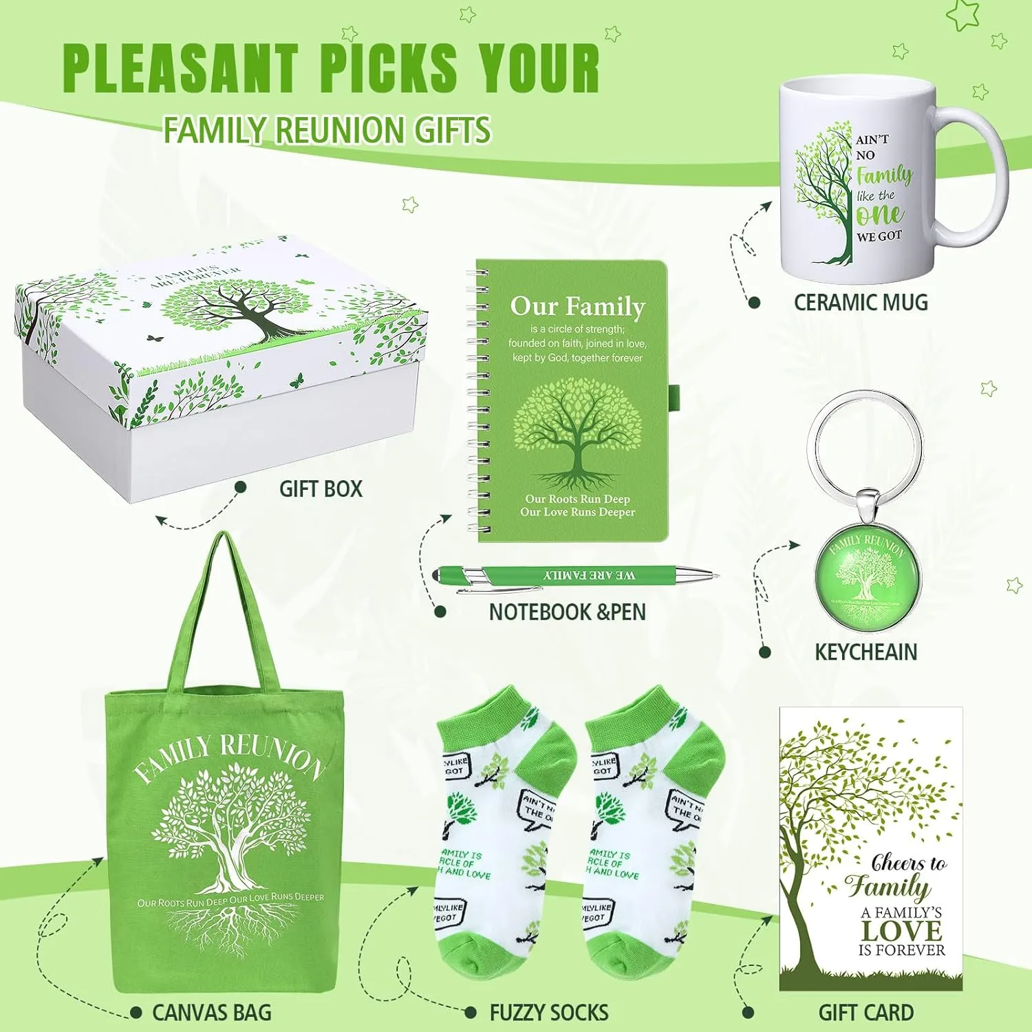 Pickmesh 8 Pcs Family Reunion Gift Box Including Family Reunion Theme Spiral Notebook Tree Canvas Tote Bag 12 oz Mug Keychain Socks Pen Card for Gathering Party Supplies