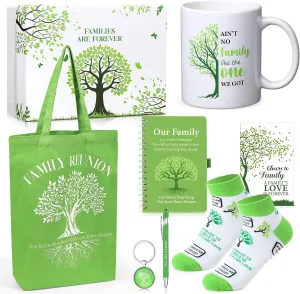 Pickmesh 8 Pcs Family Reunion Gift Box Including Family Reunion Theme Spiral Notebook Tree Canvas Tote Bag 12 oz Mug Keychain Socks Pen Card for Gathering Party Supplies