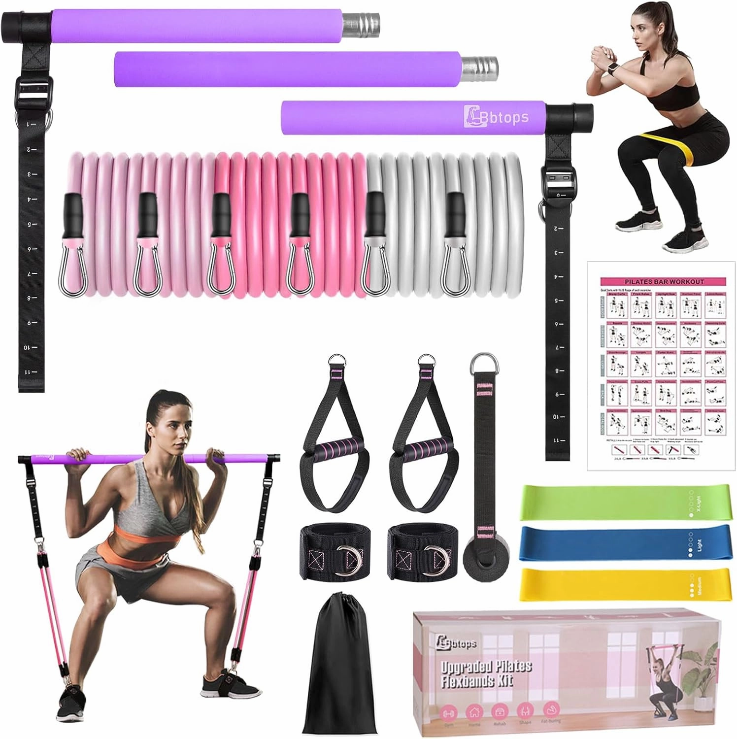 Pilates Bar Kit with Resistance Bands,Pilates Bar with Stackable Bands Workout Equipment for Legs,Hip,Waist and Arm,Exercise Fitness Equipment for Women & Men Home Gym Yoga Pilates