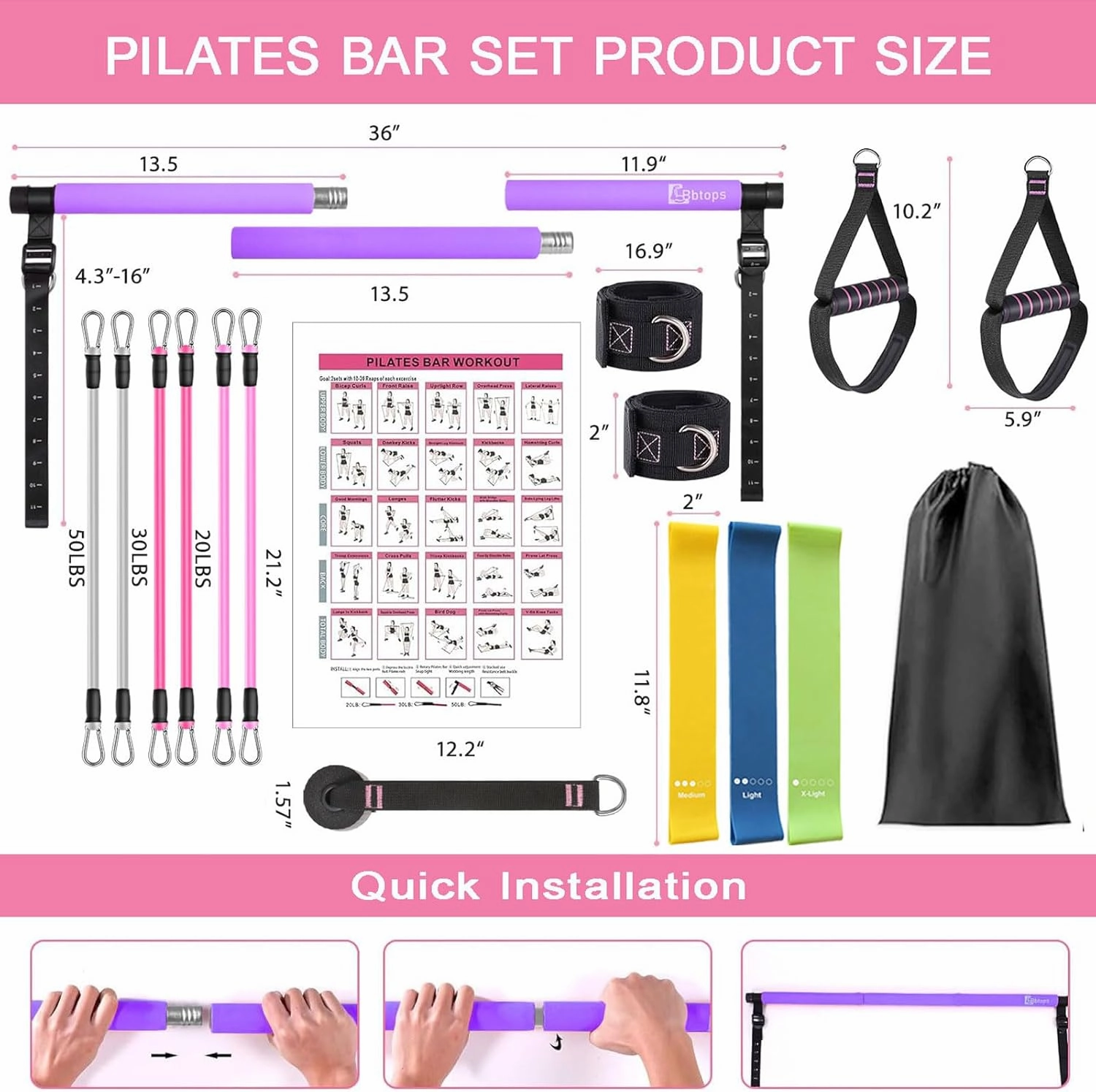Pilates Bar Kit with Resistance Bands,Pilates Bar with Stackable Bands Workout Equipment for Legs,Hip,Waist and Arm,Exercise Fitness Equipment for Women & Men Home Gym Yoga Pilates