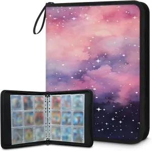 Pink Starry Sky 3 Ring Trading Zipper Binder Strap, Trading Card Binder 4 Pocket, 400 Pockets Card Holder with 50 Removable Sleeves for Game Cards