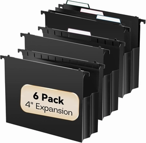 Plastic Extra Capacity Hanging File Folders,6 Pack Heavy Duty 4" Expandable Hanging Folder with Movable Dividers,Large Hanging Folders with Insertable Tabs, for Bulky Files, Letter Size-Black