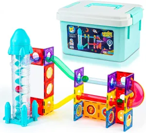 Play Brainy Magnetic Marble Run for Kids Ages 3 & Up - 72-Piece Magnetic Tiles with Rocket Elevator, Space-Themed Magnet Toys for Boys & Girls - STEM Educational Toys Set with Stickers & Storage Case