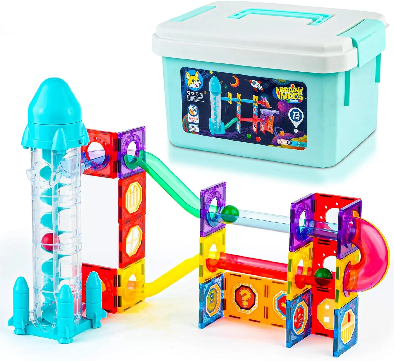 Play Brainy Magnetic Marble Run for Kids Ages 3 & Up - 72-Piece Magnetic Tiles with Rocket Elevator, Space-Themed Magnet Toys for Boys & Girls - STEM Educational Toys Set with Stickers & Storage Case