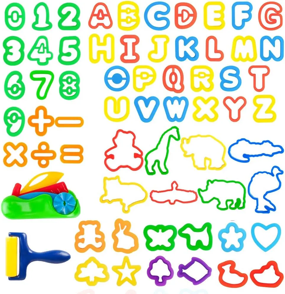 Play Dough Tools Set for Kids Letter Molds，Numeral Molds Various Plastic Animal Molds for Creative Dough Cutting (63 Pieces)