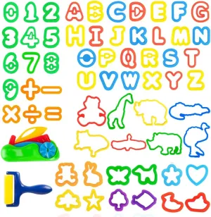 Play Dough Tools Set for Kids Letter Molds，Numeral Molds Various Plastic Animal Molds for Creative Dough Cutting (63 Pieces)