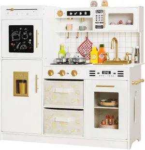 Play Kitchen Sets for Kids Ages 4-8 Pretend Wooden Kids Kitchen Playset Toy Kitchen with Real Sound& Light &Toy Storage System&12 Pcs Toddler Kitchen Accessories, for Boys and Girls,White Gold
