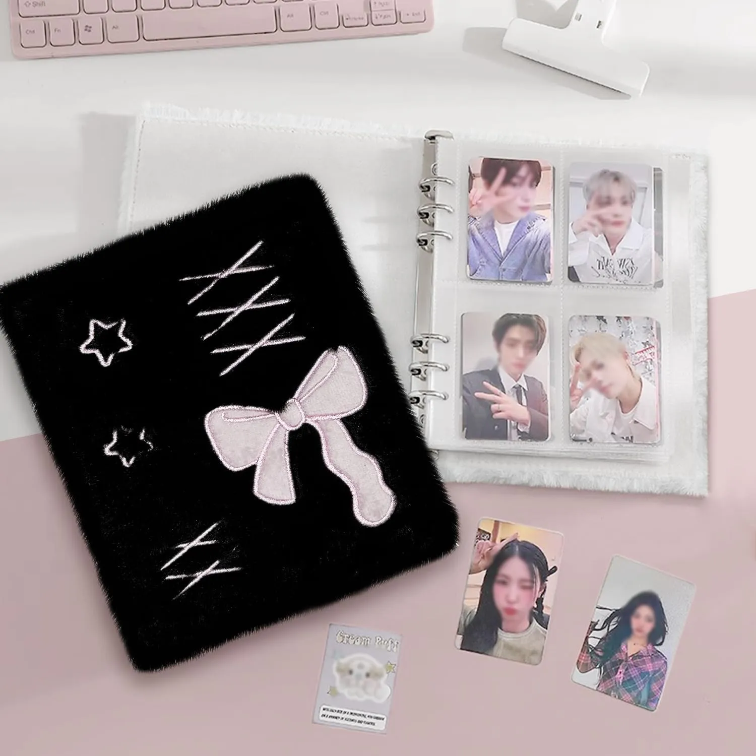 Plush Photocard Binder with 20Pcs Detachable Inner Pages A6 Kpop Photo Album 4-Pocket Double-sided Transparent Pages Kpop Star Card Holder for 3-inch Photo Pink