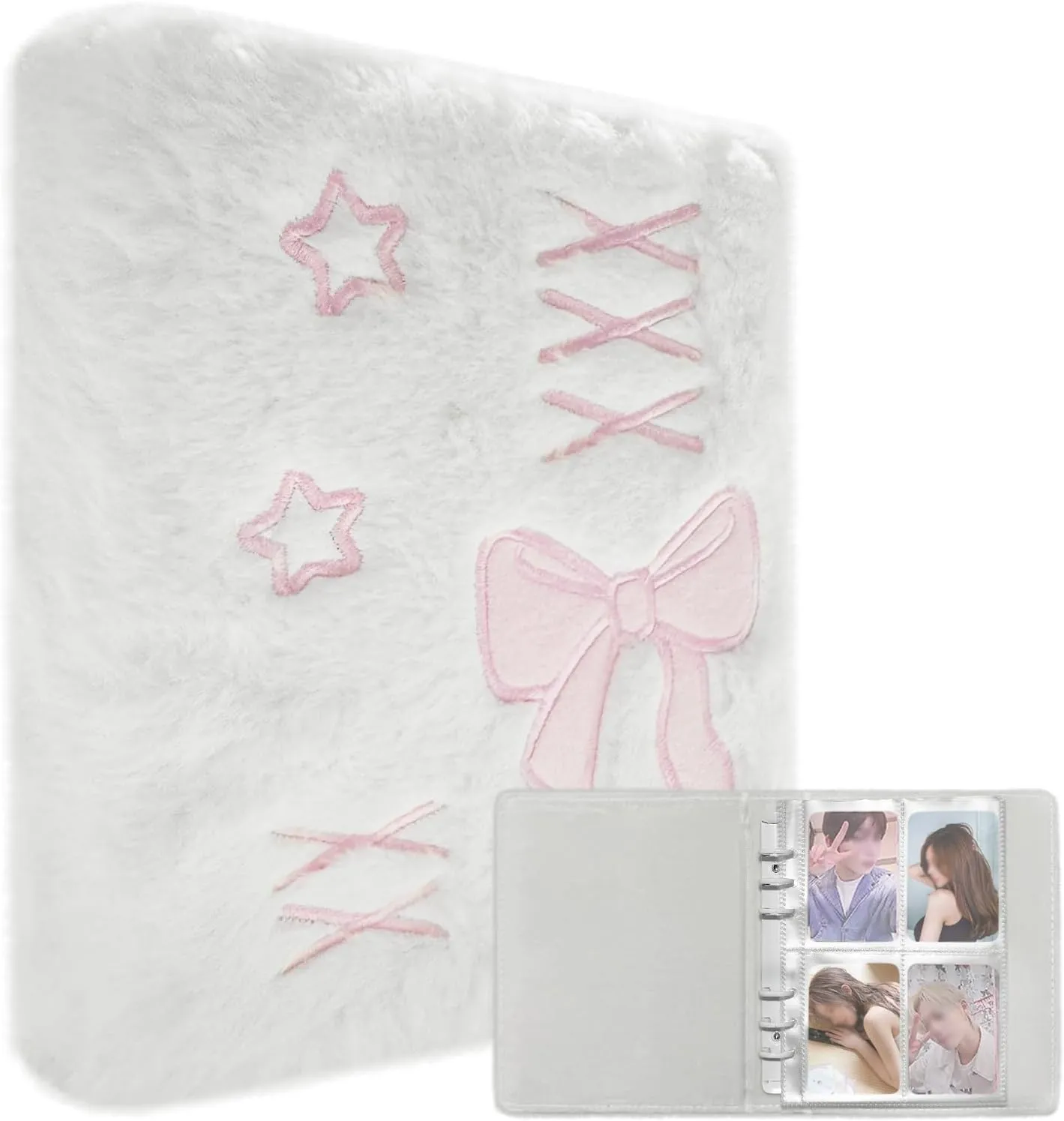 Plush Photocard Binder with 20Pcs Detachable Inner Pages A6 Kpop Photo Album 4-Pocket Double-sided Transparent Pages Kpop Star Card Holder for 3-inch Photo Pink