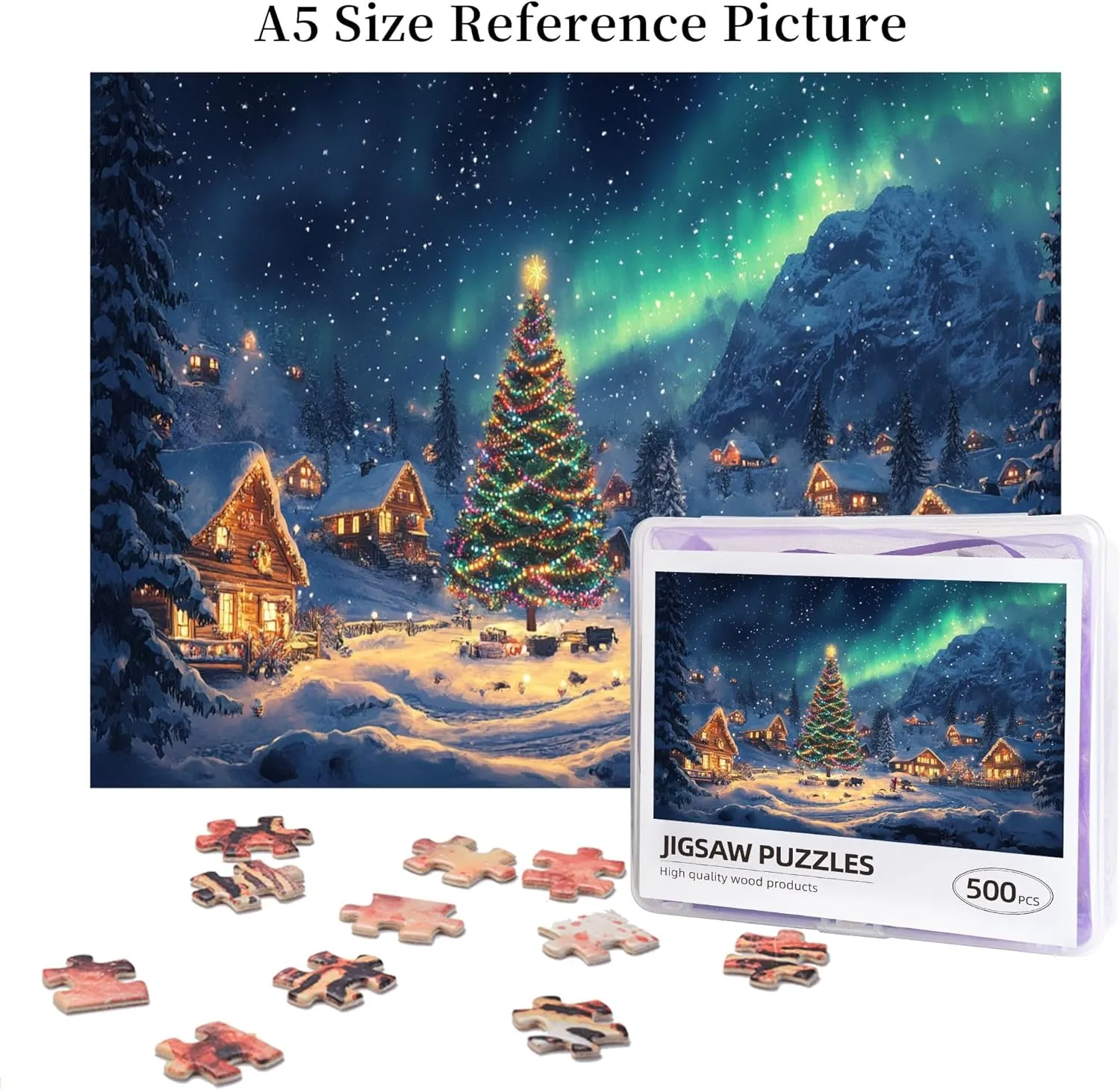 Polar Christmas Snow Scenery 500 Piece Wooden Jigsaw Puzzle,Enjoy The Puzzle Solving Process,Charm Snow Scenery Stress Relieving Puzzle,Family Leisure,Stress Relief and Entertainment