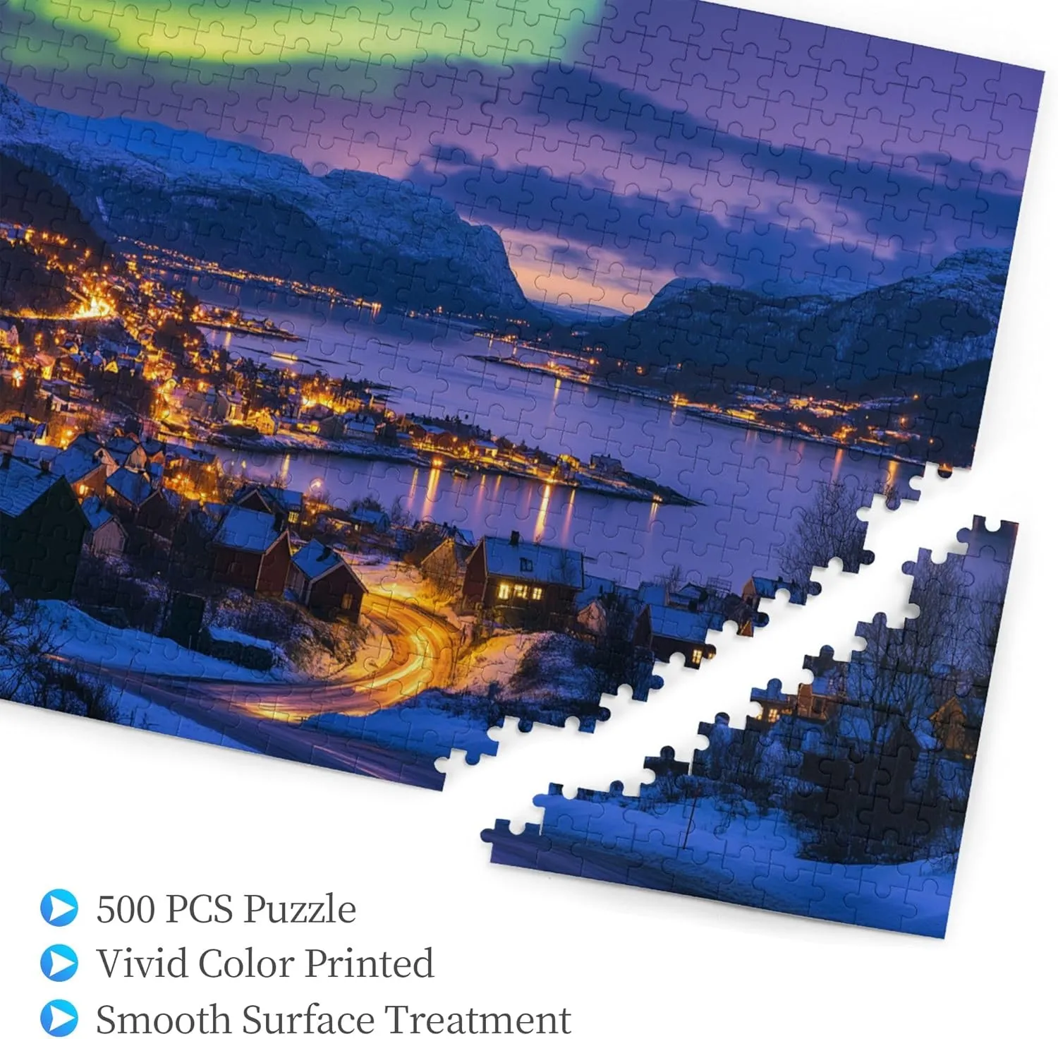 Polar Town and The Aurora Borealis 500 Piece Puzzle for Adults,Stunning Artwork,Enchanting Scenery Wooden Jigsaw Puzzles,Great for Relaxation and Display for Puzzle Enthusiast