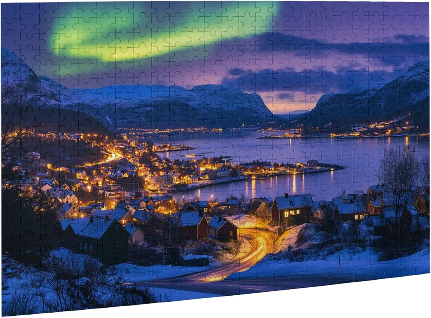 Polar Town and The Aurora Borealis 500 Piece Puzzle for Adults,Stunning Artwork,Enchanting Scenery Wooden Jigsaw Puzzles,Great for Relaxation and Display for Puzzle Enthusiast