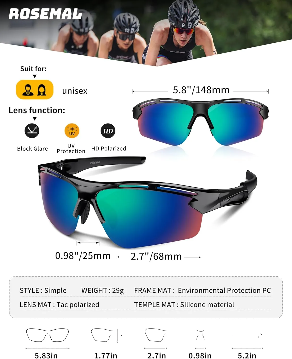 Polarized Sports Sunglasses for Men Women Youth Baseball Running Cycling Driving Fishing Tennis Golf Motor TAC UV400 TR90
